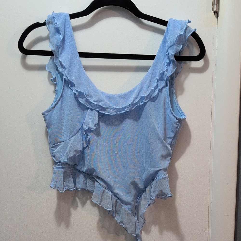 Blue Ruffled Asymmetrical Crop Top -- Runs Small